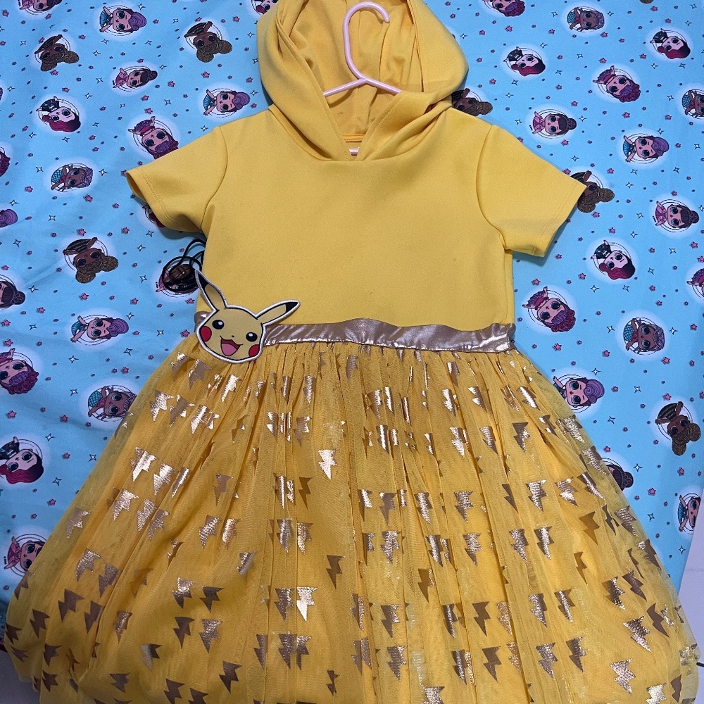 Pokémon hooded dress girls size large 10 12 yellow pikachu character layered
